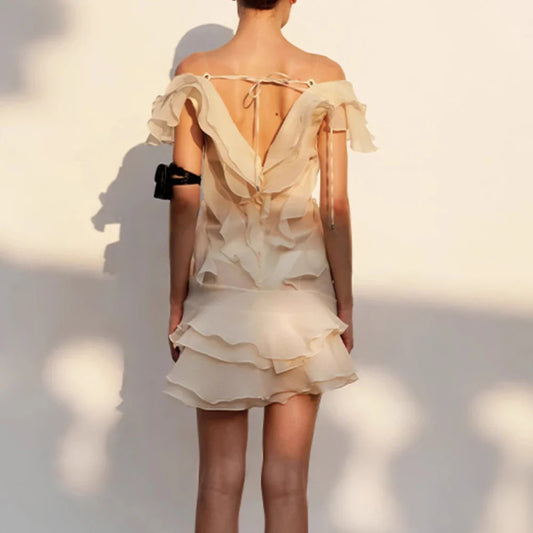 VGH Sexy Short Dress For Women Slash Neck Off The Shoulder Sleeve Backless High Waist Spliced Ruffles Dresses Female Fashion New