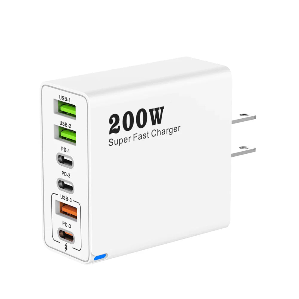 200 Вт 6-портовий USB C зарядний пристрій Супершвидка зарядка PD3.0 USB C Type C зарядний пристрій для мобільного телефону для iPhone 16 SE4 Samsung Xiaomi iPad