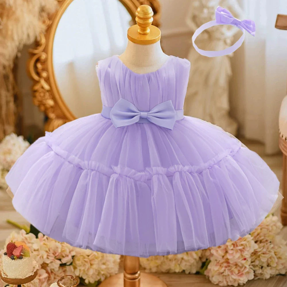 Baby Pleated Girl Princess Dress Outfit Infant White 1st Birthday Baptism Dress Toddler Bow Party Wedding Prom Gown Baby Clothes