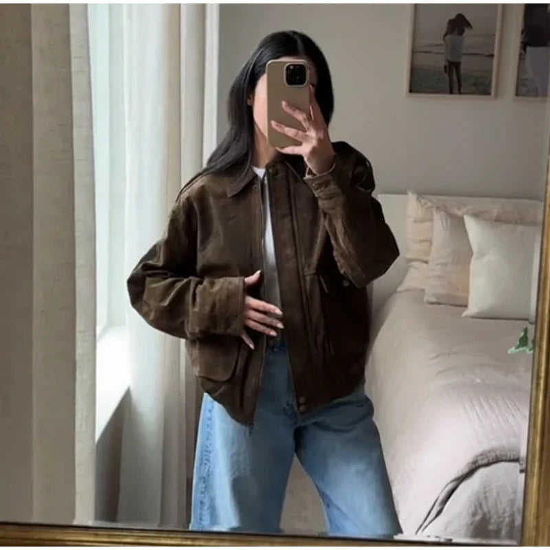 Fashion Brown Suede Bomber Jacket Women Elegant Zipper Lapel Long Sleeve Short Coats Female Vintage Street Chic Lady Outerwear