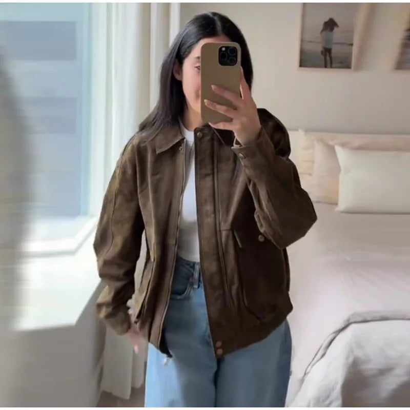 Fashion Brown Suede Bomber Jacket Women Elegant Zipper Lapel Long Sleeve Short Coats Female Vintage Street Chic Lady Outerwear