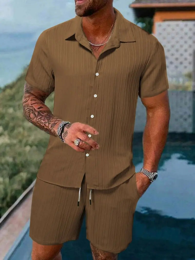 Spring and summer Europe and the United States new men's striped jacquard beach suit loose shorts shirt