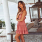 Women Summer Dress Solid Color Crochet Spaghetti Strap V-Neck Backless Tied Braces Short Dress for Girls White