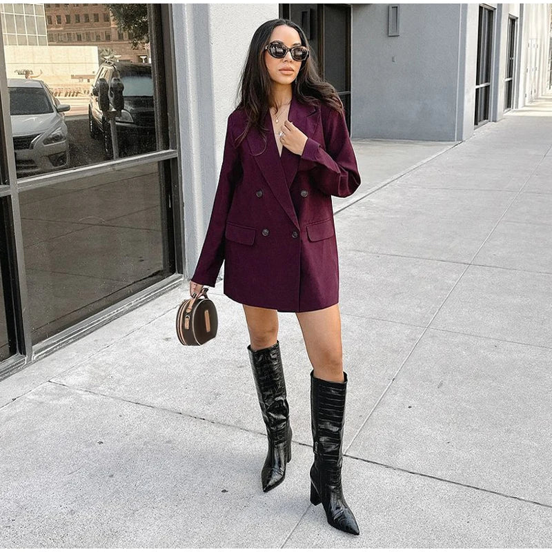 Vintage Women's Burgundy Blazers Elegant Lapel Double Breasted Pocket Full Sleeve Suit Jacket 2024 Autumn Lady Office Outwear