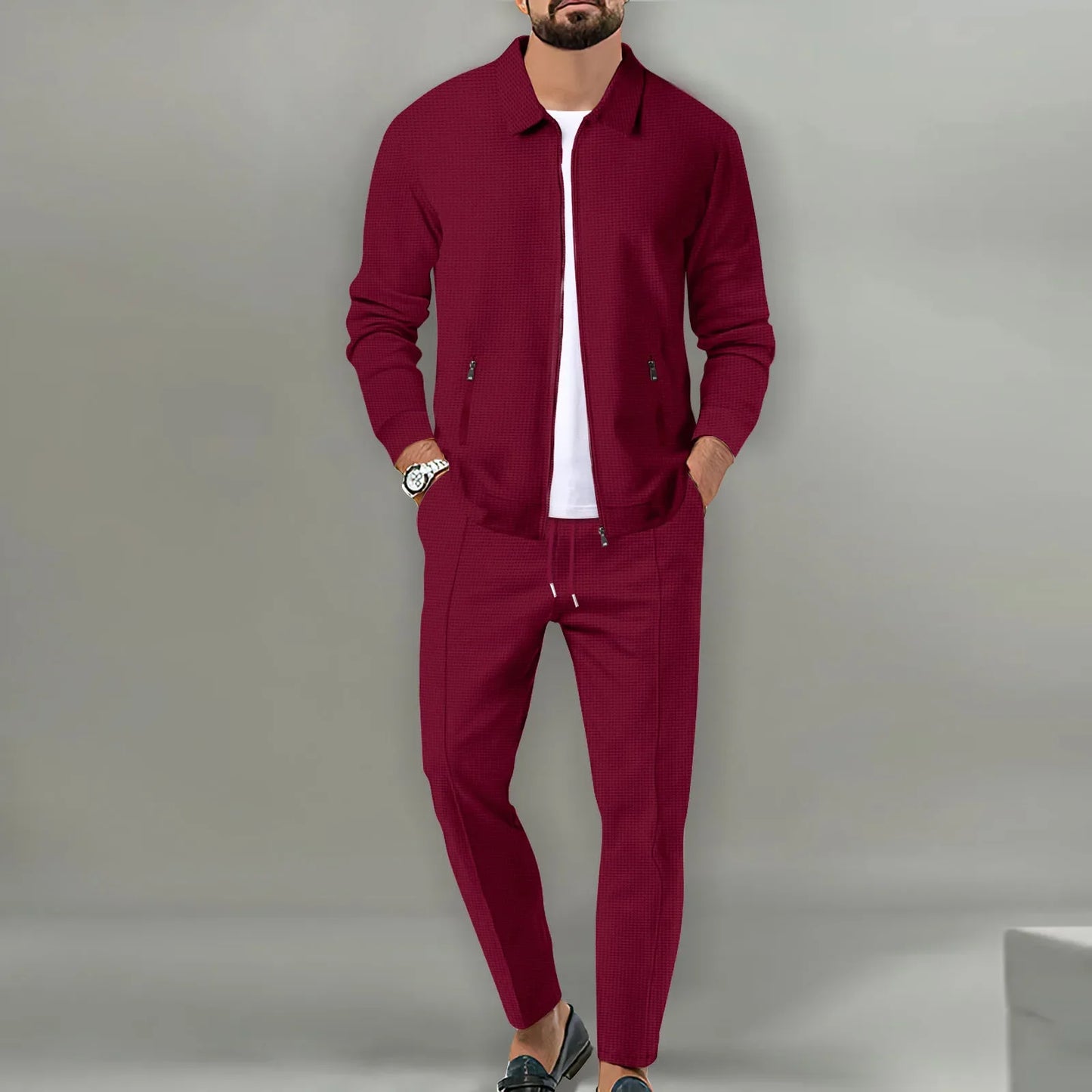 New Men's Jacket POLO Shirt 2 sets Long Sleeve Casual Fashion Commercial Breathable lapel, Pants pull Rope Solid Color Men 2 set