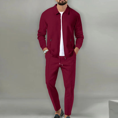 New Men's Jacket POLO Shirt 2 sets Long Sleeve Casual Fashion Commercial Breathable lapel, Pants pull Rope Solid Color Men 2 set