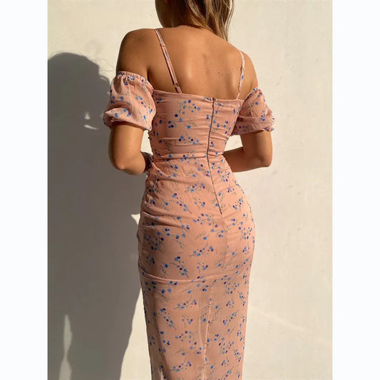Spring/Summer New Flower Print Wrapped Chest Irregular Strap Dress Summer Short sleeved High slit Women's Party Clothing