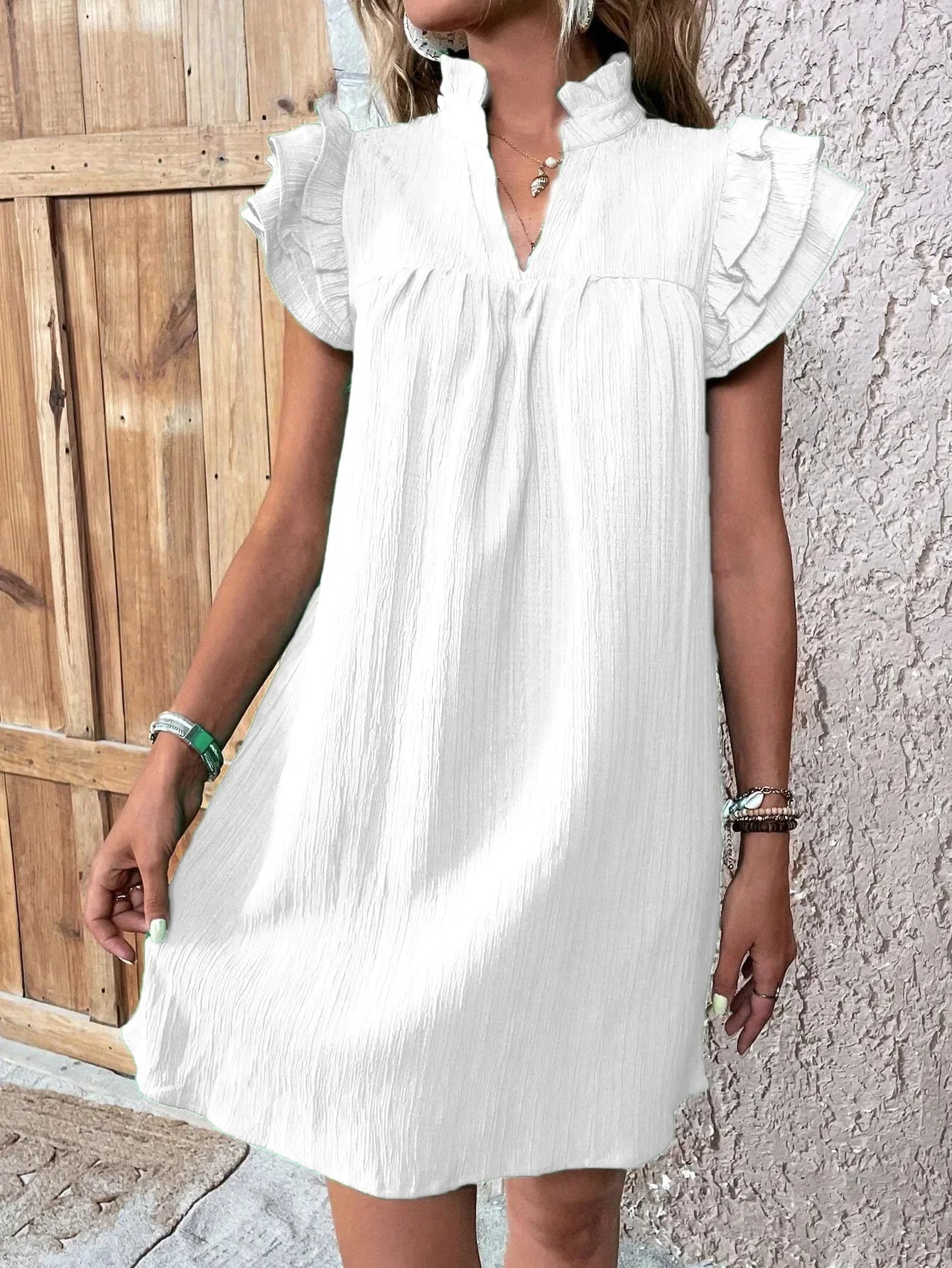 Womens Dress 2024 Summer New Fashion Versatile Multi Layered Ruffle Sleeve V-neck Pullover Dress Green Solid Mini A-Line Dresses