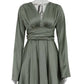 Oymimi Fashion Green Satin Women's Dress Elegant Deep V-Neck Long Sleeve Dresses Autumn High Waist Pleated Mini Dresses Female