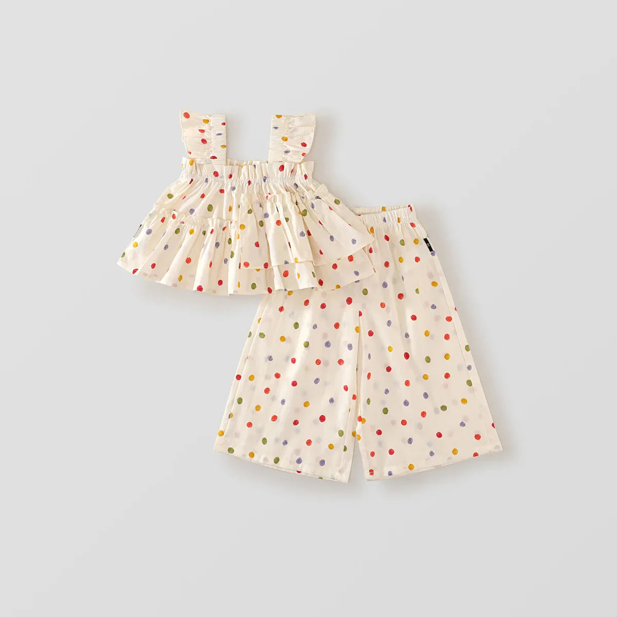 2025 Summer Korean Style All Cotton Girls’ Sweet Fashion Colorful Polka Dot Two-Piece Set - Halter Top & Wide Leg Pants