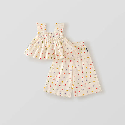 2025 Summer Korean Style All Cotton Girls’ Sweet Fashion Colorful Polka Dot Two-Piece Set - Halter Top & Wide Leg Pants