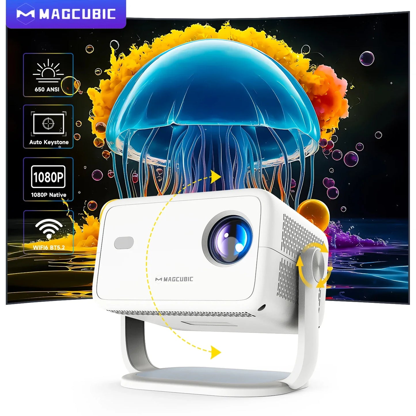 Magcubic Native 1080P 650ANSI 4K Android 11 L018 360° проектор з авто-корекцією трапецеїдальних спотворень, фокусом, повітряною мишею, Wifi6, BT5.2, портативний для використання на вулиці