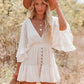 White Lace Tunic Sexy Deep V Neck Button Bikini Cover-ups Women Clothes 2025 Summer Sexy Ruffles Long Sleeves Mini Dress A1132