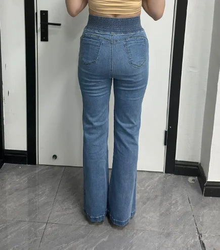 Streetwear Women's New Jeans Back Shirred Button Front High Waist Jeans Temperament Commuting Casual Comfortable Jeans