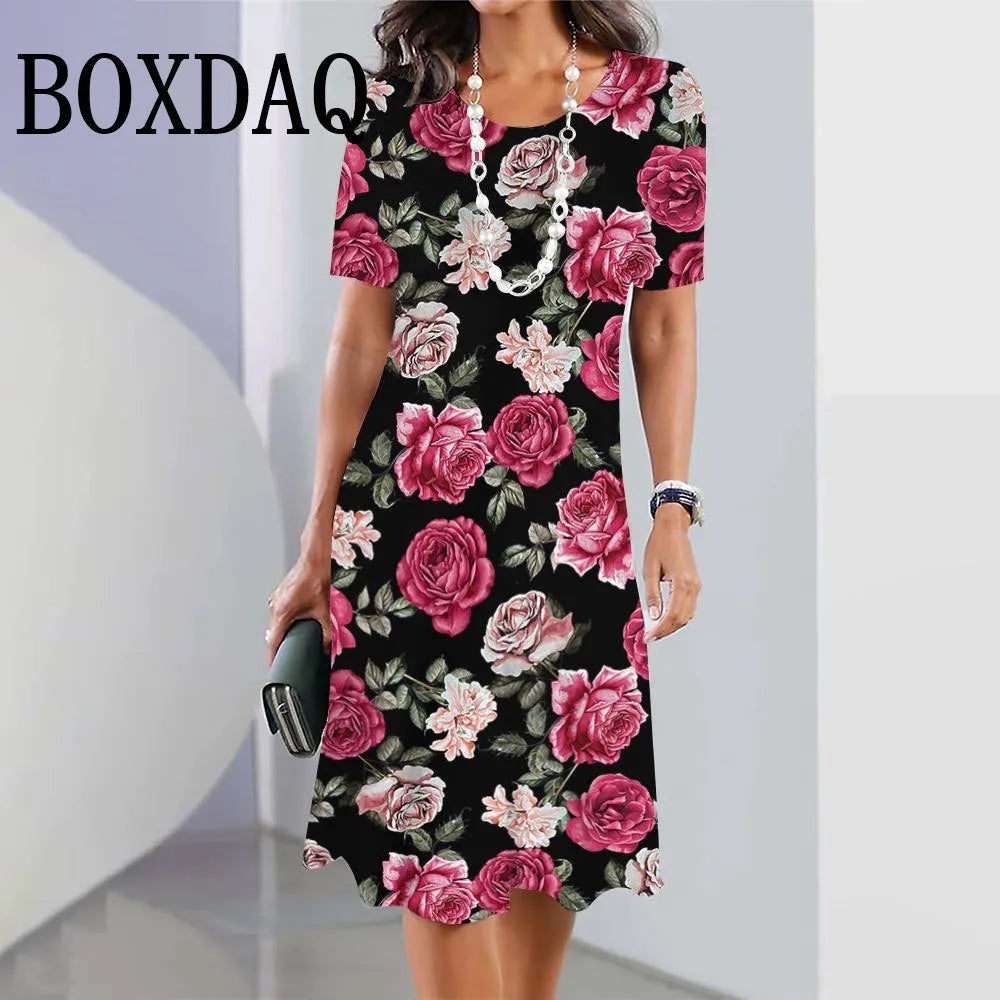 Fashion Flowers Printed Dress Clothing Women's Short Sleeve Summer Elegant O-Neck Mini Dresses Loose Streetwear 2025 New Spring