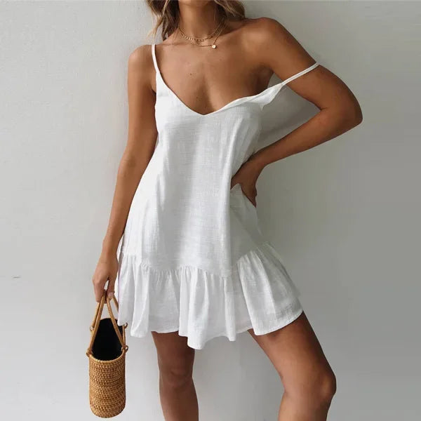 Dress Women Sexy Spaghetti Strap Ruffle Summer Dress 2025 Cotton Linen Vestidos Green Dresses Off Shoulder Sexy Mini Sundress