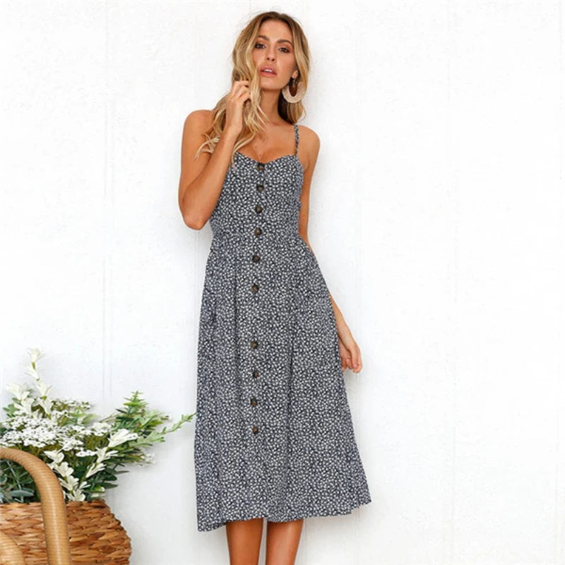 Summer New Women Sexy Sling Pocket Button Dot Beach Dress 2024 Female Bohemia Holiday Retro Fashion Solid Color Women's Clothing