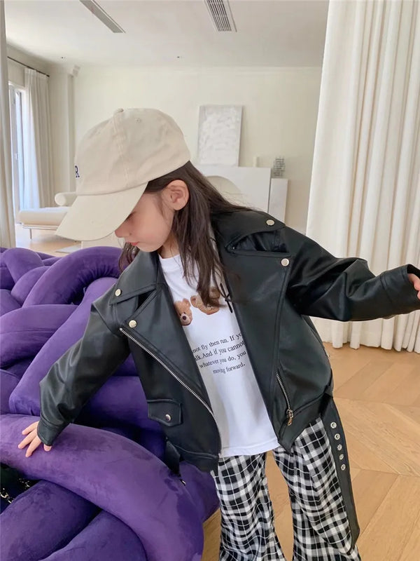 Autumn Girls PU Leather Fashion Black Jacket Long Sleeve Cool Baby Girl PU Jacket 2023 New Brand Kids Coat Children Clothing