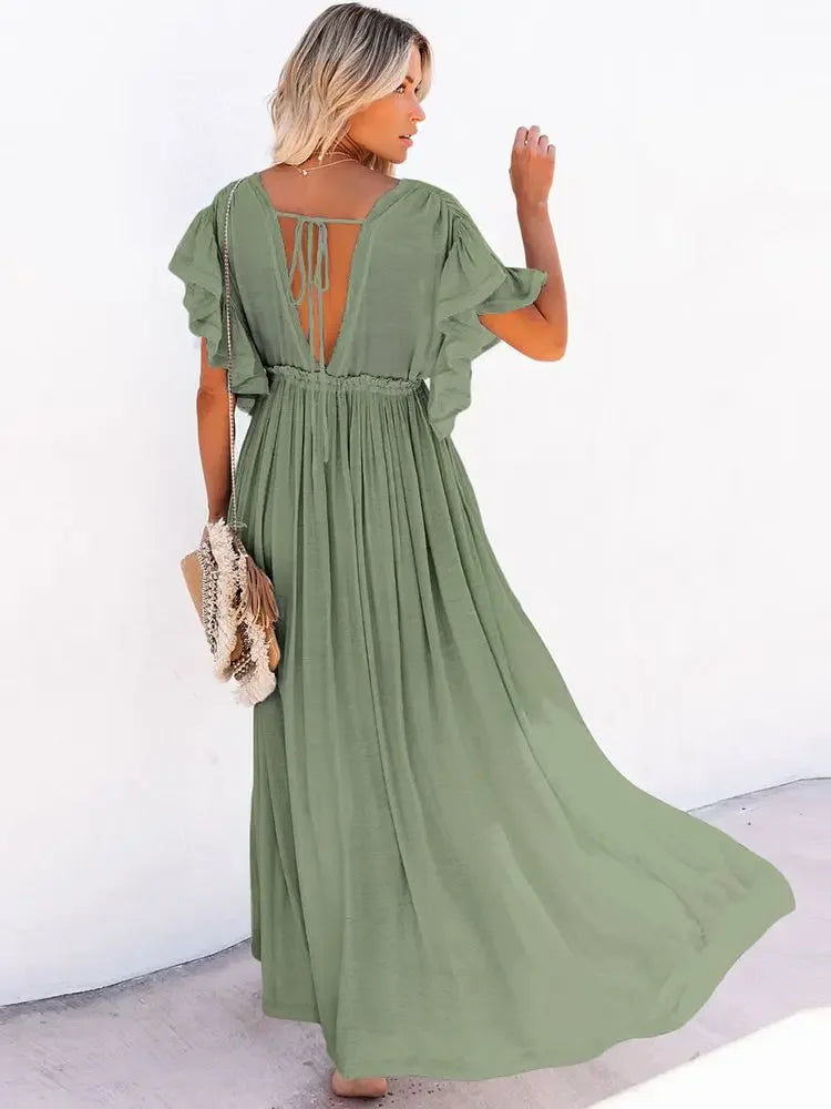 Women Swimsuit Cover Ups Mandarin Sleeve Kaftan Beach Tunic Dress Robe De Plage Solid White Pareo Beach Cover-ups