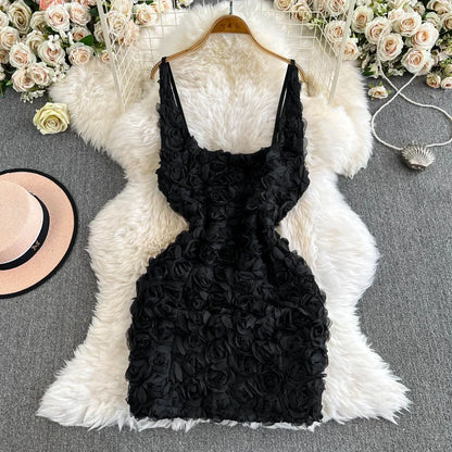 Hotsweet Straps Elegant Sleeveless Backless Lace Three-dimensional Floral Slim Short Dresses Evening High Street Autumn Clothing