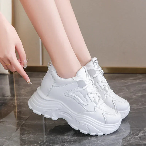 White Platform Women's Sneakers 2025 Autumn Lace-Up Thick Bottom Sports Shoes Woman Pu Leather Breathable Walking Shoes Female