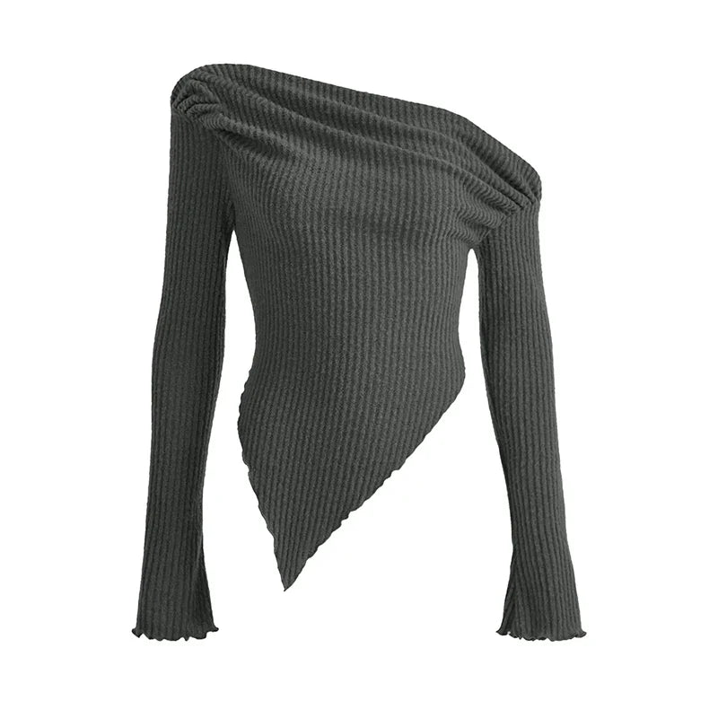 Sexy Asymmetrical Tees Women T-shirt Solid New Autumn Streetwear Long Sleeves Crop Top Fashion Casual Bodycon T-shirts Female