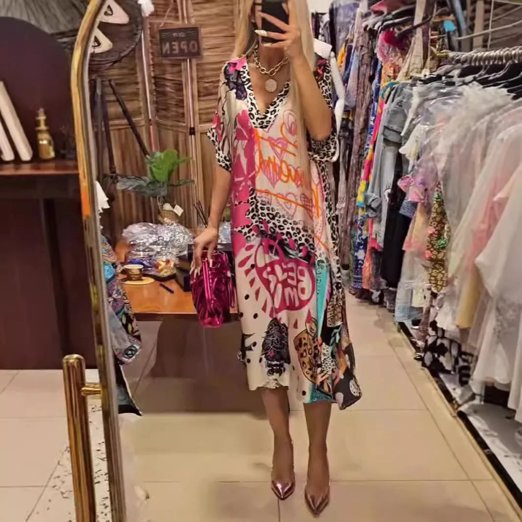 Casual V Neck Loose Midi Dresses For Women Summer Leopard Colorful Printed A-Line Party Dress Short  Sleeve Female Clothing