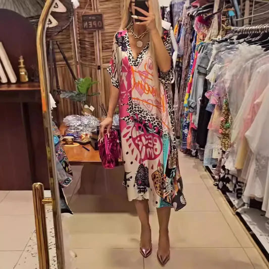 Casual V Neck Loose Midi Dresses For Women Summer Leopard Colorful Printed A-Line Party Dress Short  Sleeve Female Clothing