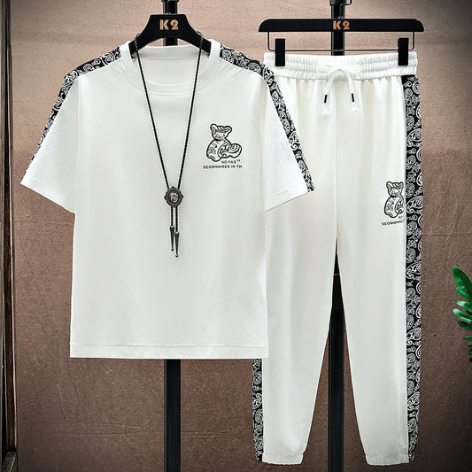 Summer Men's Trousers Tracksuit 2 Piece Set Fashion Tops Tees Ice silk Short Sleeve T Shirt+Pants Vintage Casual Sweatpants