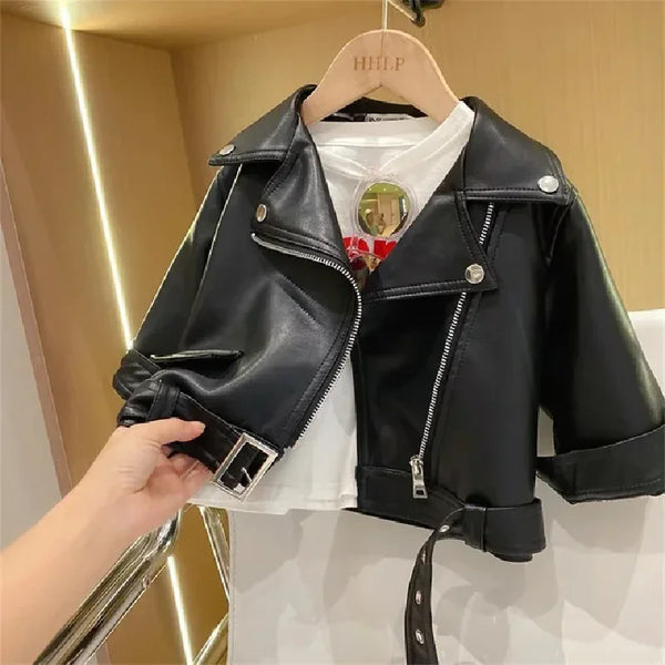 Spring Girls Pu Leather Jackets Autumn Kids Zipper Trends Short Coats Children Handsome Outerwear Baby Classics Clothes 2-8 Year