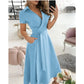 Women Fashion Solid Slim Pocket Lace Up Dress 2023 Spring Autumn Dress Women Casual Printed Short Sleeve V-neck High Waist Dress