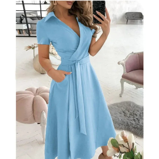 Women Fashion Solid Slim Pocket Lace Up Dress 2023 Spring Autumn Dress Women Casual Printed Short Sleeve V-neck High Waist Dress