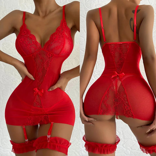 Жіноча білизна Sleepwear сексуальні жінки мереживна нічна сорочка сукня нічна сорочка білизна підв'язки сітка сексуальний костюм нічне белье
