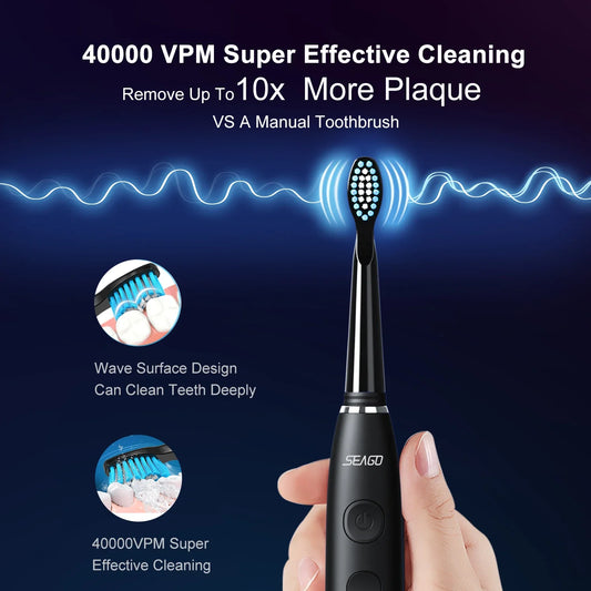 Seago Electric Sonic Toothbrush USB Rechargeable Adult 360 Days Long Battery Life IPX7 4 Replacement Heads Travel Box  SG-575