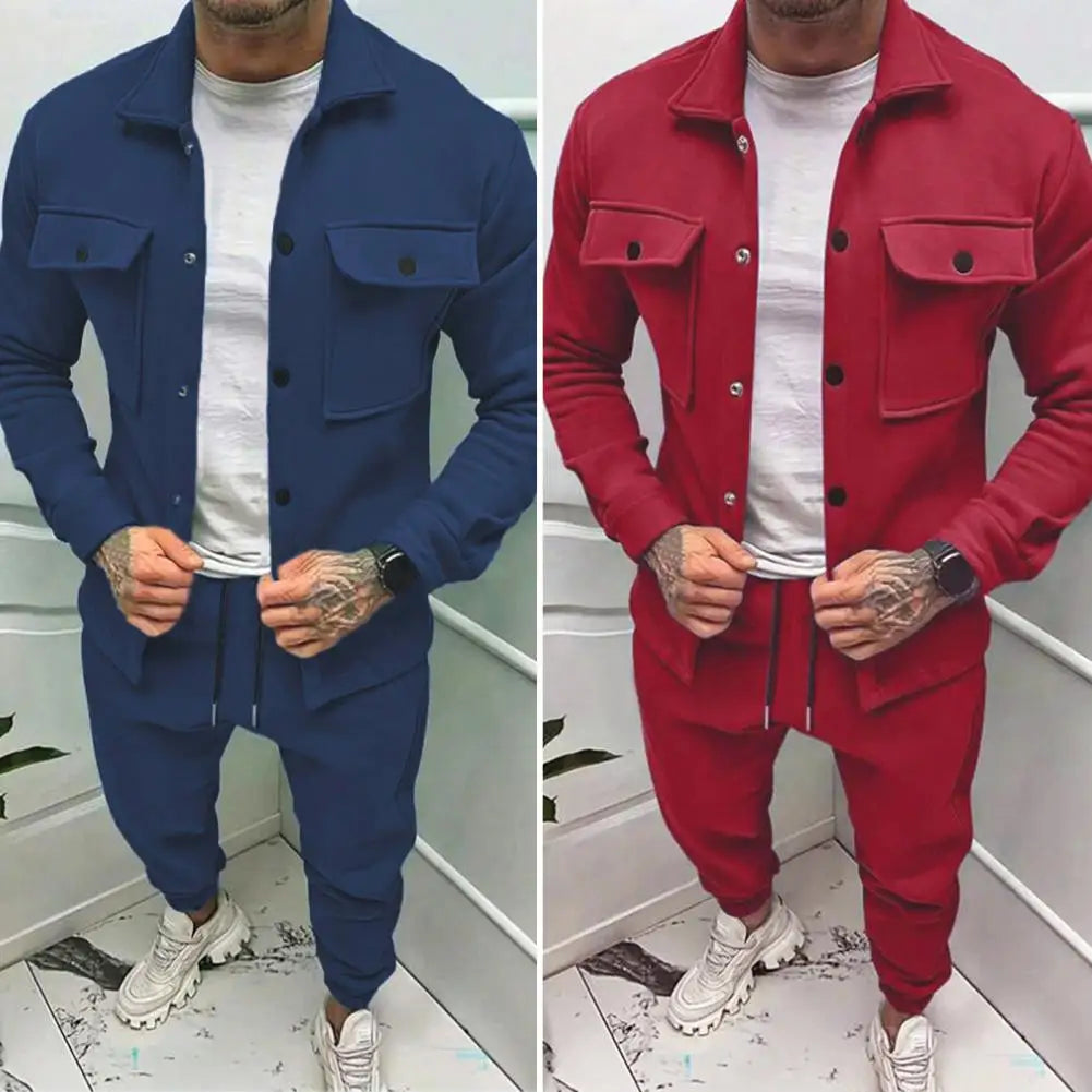 Men Two-piece Suit Set Winter Thick Warm Casual Suit Outfit Long Sleeve Coat Long Trousers Set Fashion Men's Activewear Outwear