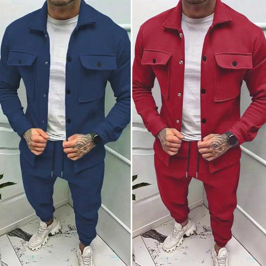 Men Two-piece Suit Set Winter Thick Warm Casual Suit Outfit Long Sleeve Coat Long Trousers Set Fashion Men's Activewear Outwear