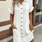 Women's Fashion Summer Minimalist V-neck Button Up Dress Woman Cotton Linen White Short Sleeved Pocket Casual Loose Shirt Dress