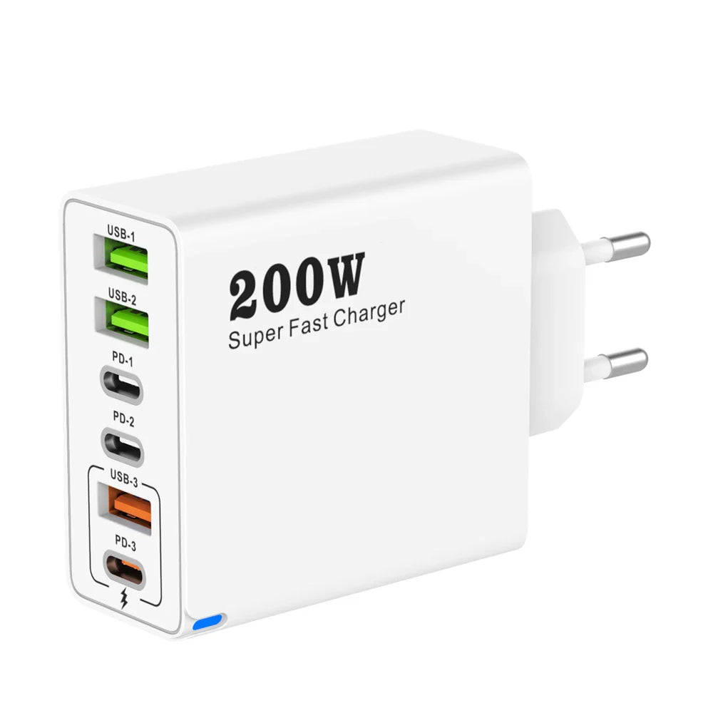 200 Вт 6-портовий USB C зарядний пристрій Супершвидка зарядка PD3.0 USB C Type C зарядний пристрій для мобільного телефону для iPhone 16 SE4 Samsung Xiaomi iPad