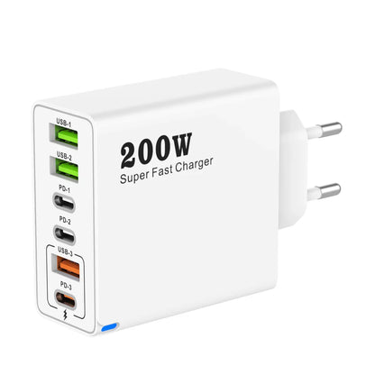 200 Вт 6-портовий USB C зарядний пристрій Супершвидка зарядка PD3.0 USB C Type C зарядний пристрій для мобільного телефону для iPhone 16 SE4 Samsung Xiaomi iPad