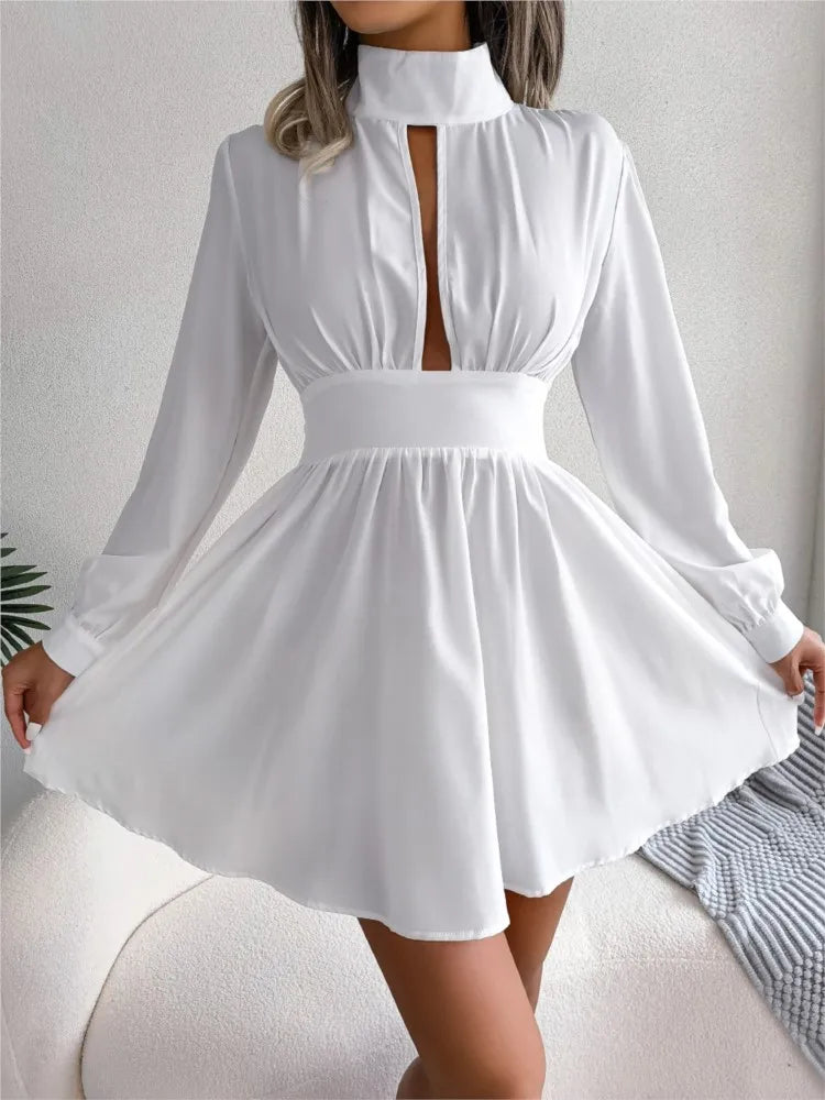 Spring And Autumn Style Long Sleeved Dress Short Skirt Sexy Chest Hollow Half Collar Waist Cinching Big Swing Pullover Red Dress