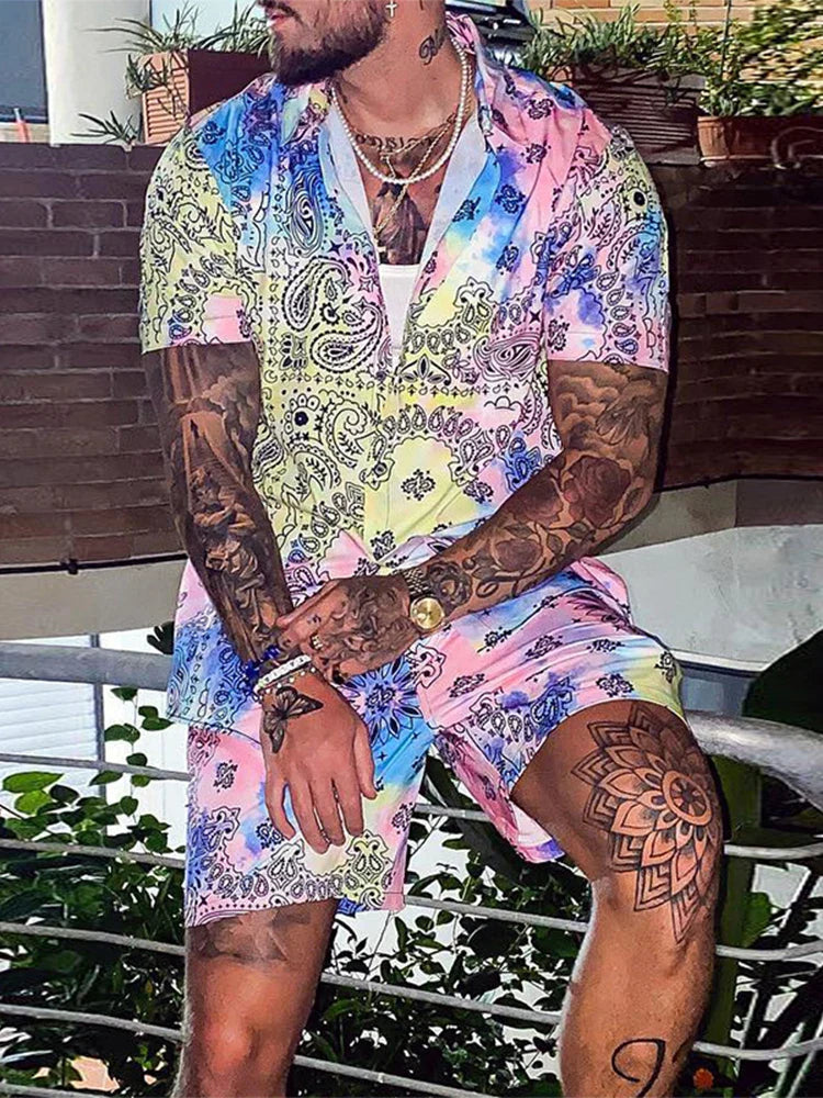 Beach Style Casual Two Piece Mens Outfits Set Summer Fashion Striped Short Sleeve Lapel Shirts and Shorts Suits for Men Clothing