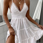 Women Summer Dress Solid Color Crochet Spaghetti Strap V-Neck Backless Tied Braces Short Dress for Girls White