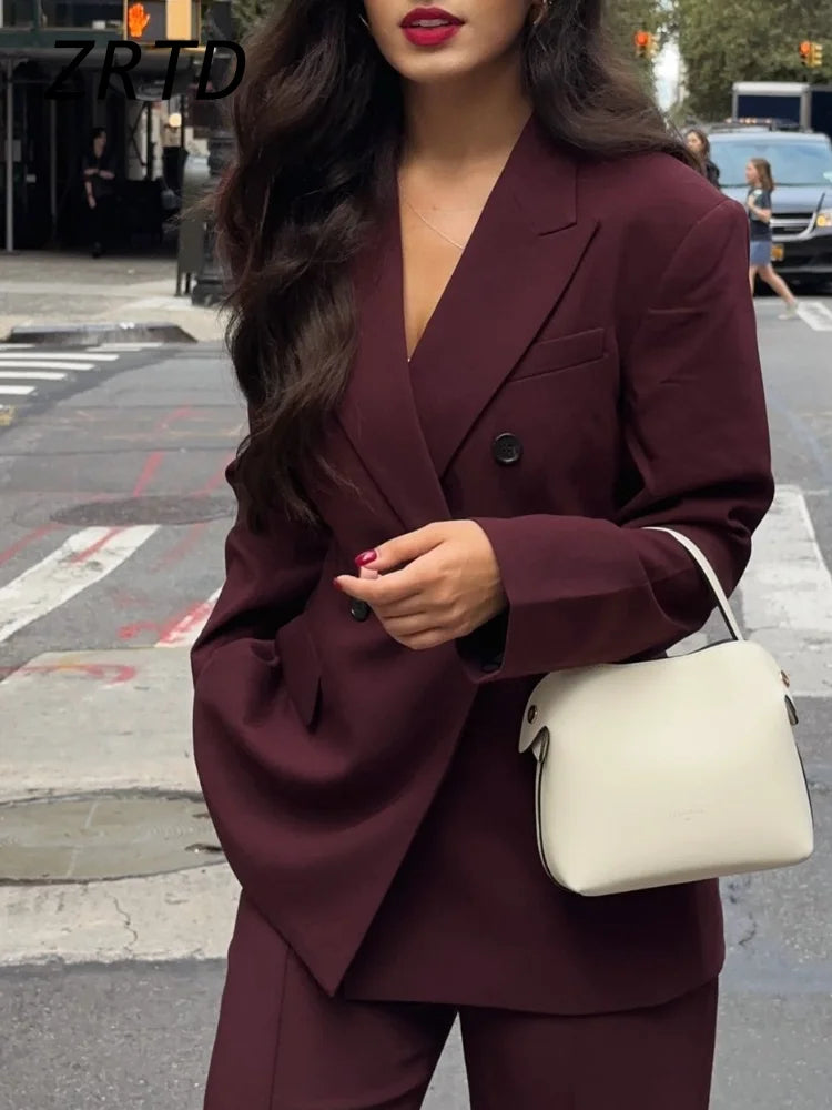 Vintage Women's Burgundy Blazers Elegant Lapel Double Breasted Pocket Full Sleeve Suit Jacket 2024 Autumn Lady Office Outwear