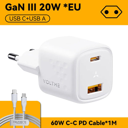 VOLTME USB C настінний зарядний блок 20W Power Delivery + QC3.0 USB A подвійний порт швидкої зарядки Type C для iPhone 15 14 13 12 Pro Max