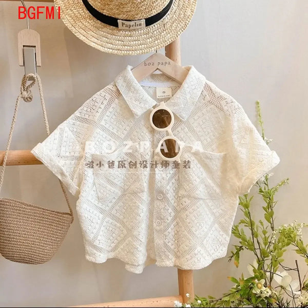 Boys Summer Set 2025 Fashion New Korean Cutout Apricot Shirt and 7-inch Pants for Kids Baby Loose Casual 2pcs Set Birthday Gift