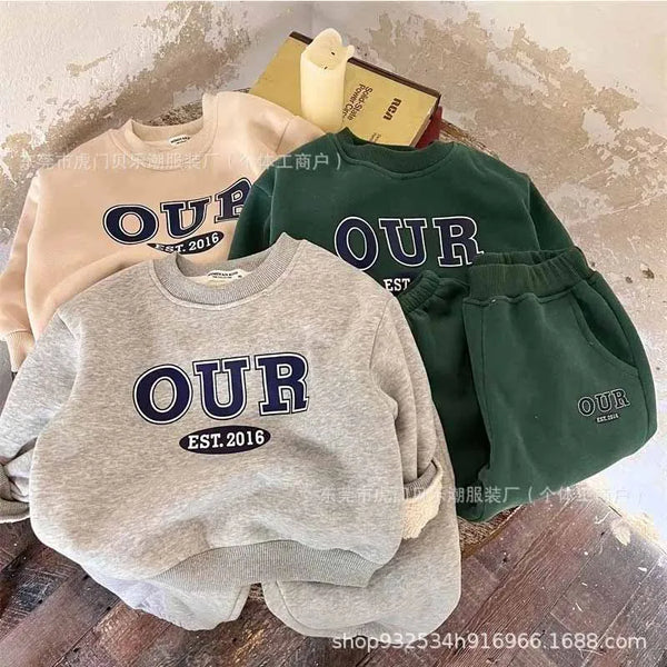 Children's Round Neck Sweater Sets Boys Warm Casual Loose 2Pcs Autumn Winter New Children's Long-Sleeved Letter Sports Suit 2-6Y