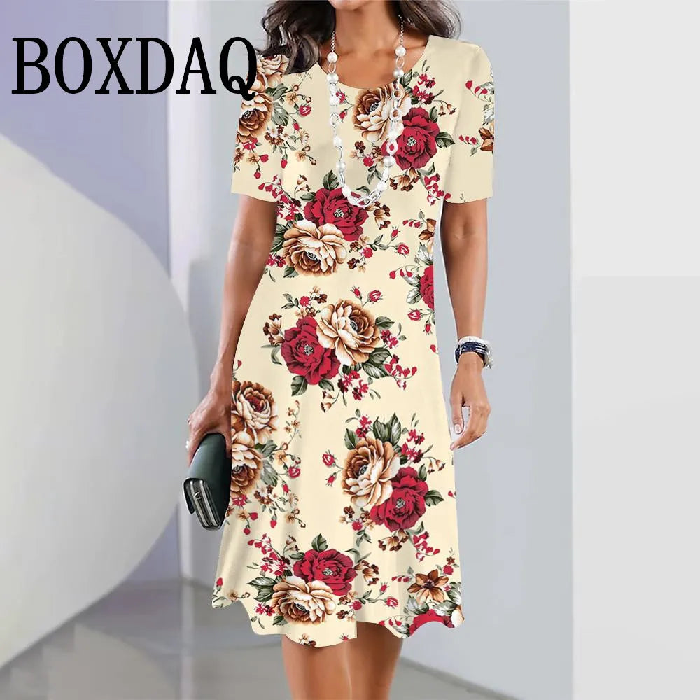 Fashion Flowers Printed Dress Clothing Women's Short Sleeve Summer Elegant O-Neck Mini Dresses Loose Streetwear 2025 New Spring
