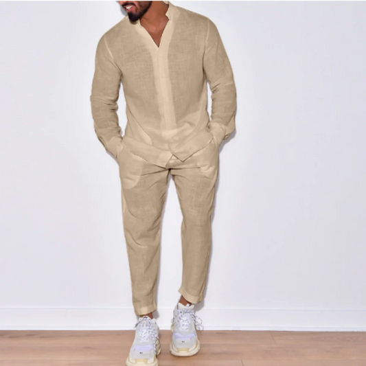 Autumn men's new fashion casual linen suit long sleeve overalls single breasted solid color button suit