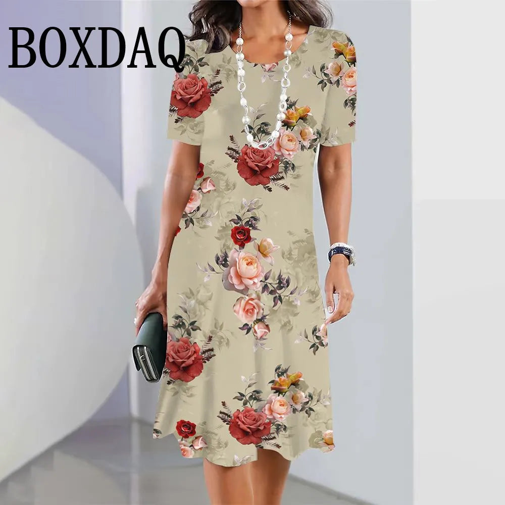 Fashion Flowers Printed Dress Clothing Women's Short Sleeve Summer Elegant O-Neck Mini Dresses Loose Streetwear 2025 New Spring