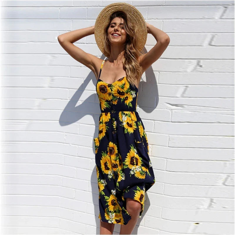 Summer New Women Sexy Sling Pocket Button Dot Beach Dress 2024 Female Bohemia Holiday Retro Fashion Solid Color Women's Clothing